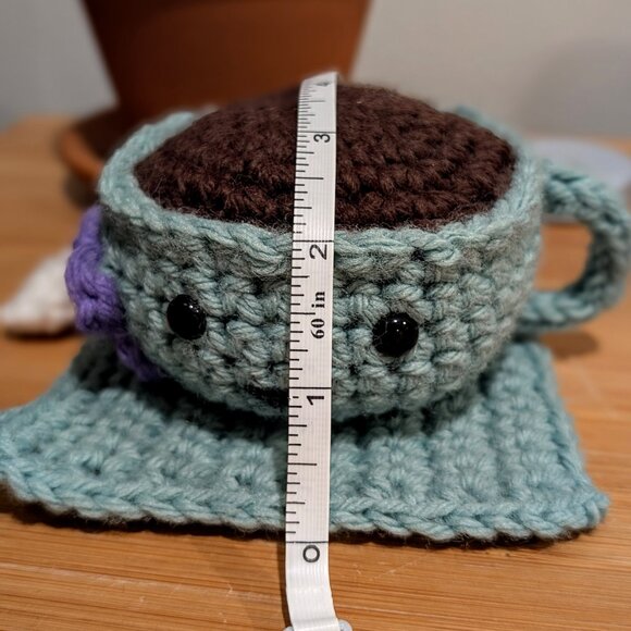 Hand Crafted Crochet Amigurumi Teacup with Stand, Flower, and Tea Sachet - Picture 3 of 4